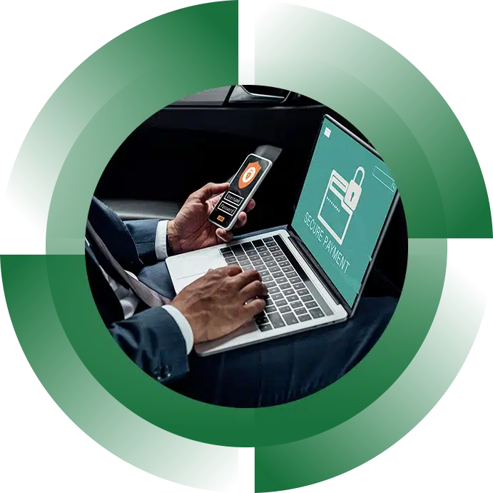 icon of man on phone while using his laptop